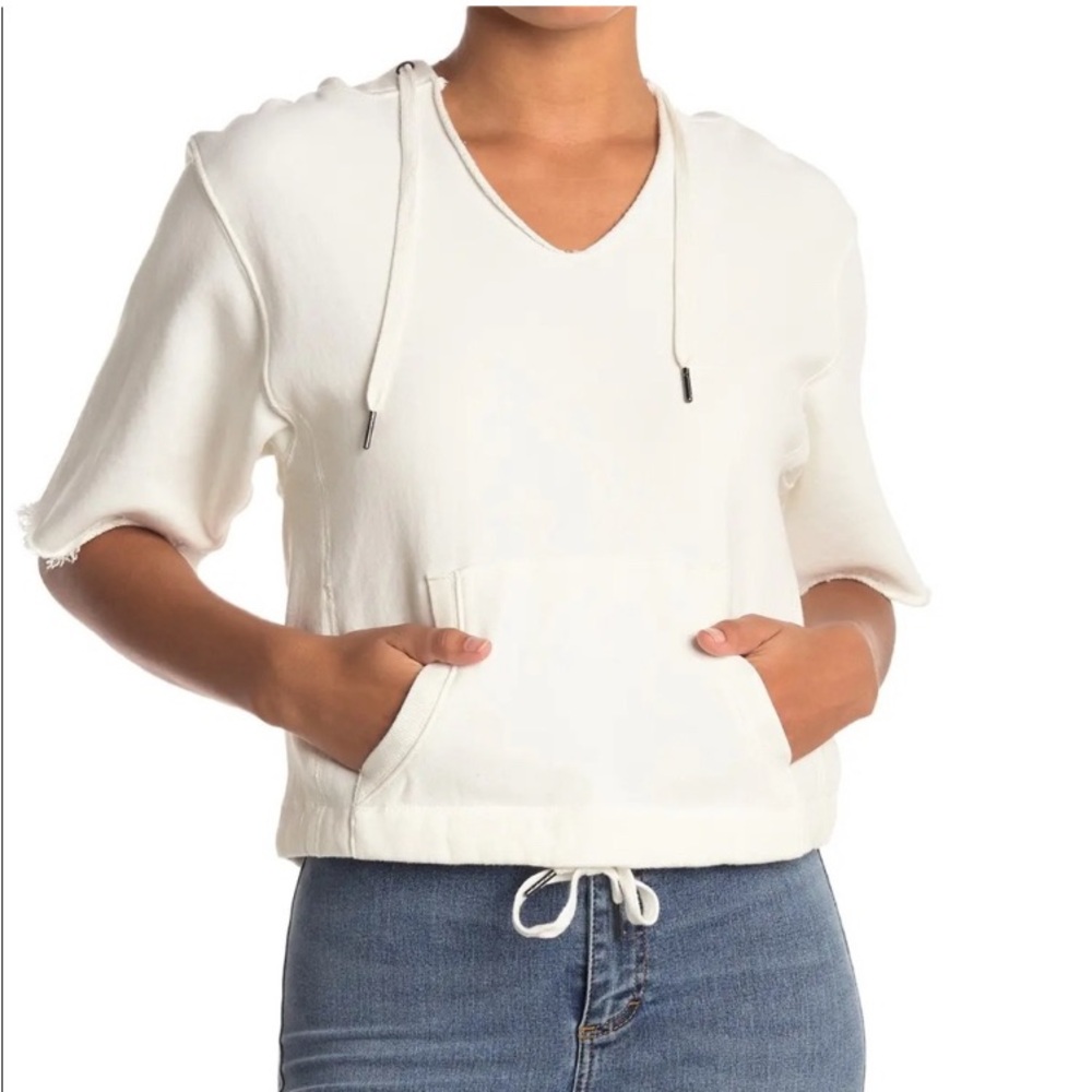 PAM & GELA White Cropped Short Sleeve Hoodie